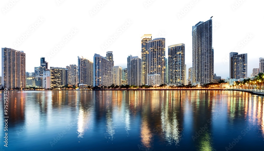 Skylines with Illuminated Buildings Reflecting in the Water, Set Against a White Background Skylines with Illuminated Buildings Reflecting in the Water, Set Against a White Background