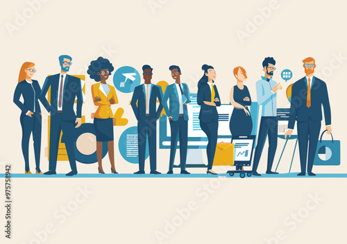 Diverse Business Team Working Digitally with Technology and Graphs in Office Setting - Modern Minimalistic Vector Illustration