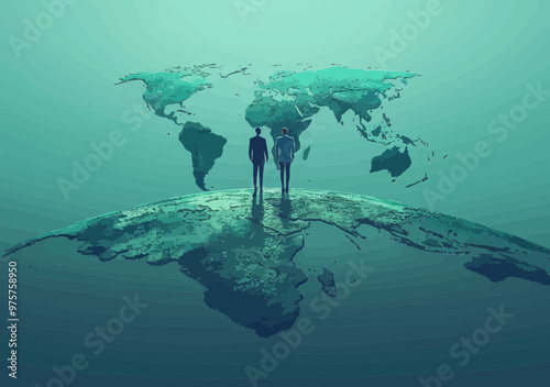 Business Team Exploring Global Trade Opportunities in Minimalistic Vector Illustration with World Map and Path