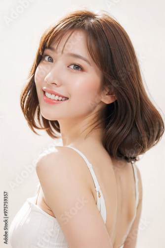 A woman with a white tank top and brown hair is smiling