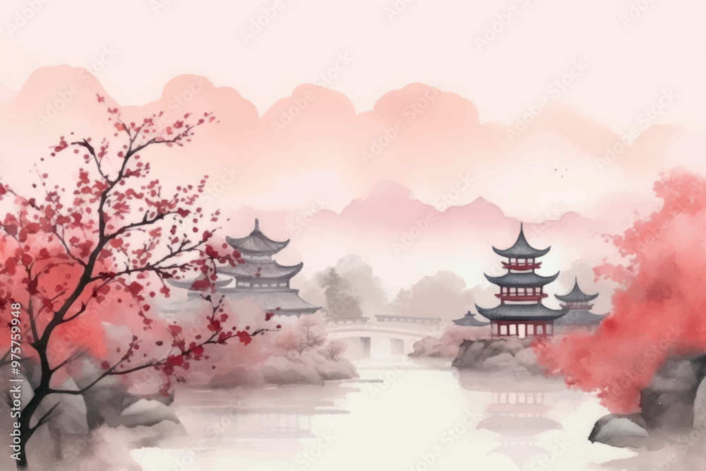 Serene traditional Japanese landscape painting Serene traditional Japanese landscape painting