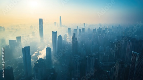 Aerial view of a bustling city skyline with tall buildings shrouded in smog and fine dust, illustrating urban pollution and its health impacts.