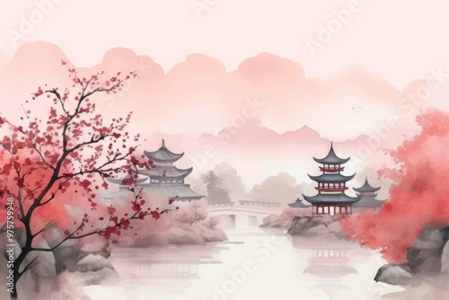 Serene traditional Japanese landscape painting