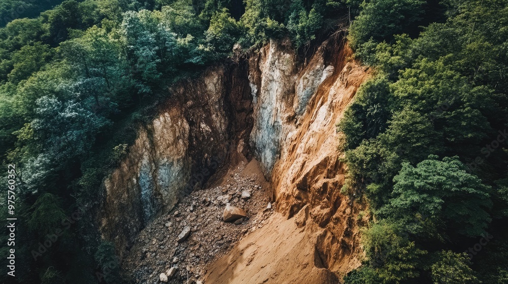 Obraz premium Aerial view of a landslide, with loose rocks and earth cascading down a steep cliffside.