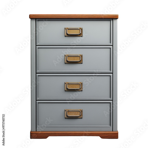 Stylish four-drawer cabinet featuring a sleek design and vintage handles isolated white background