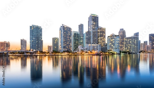 Skylines with Illuminated Buildings Reflecting in the Water, Set Against a White Background