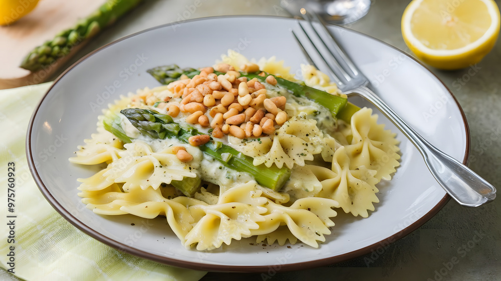 A serving of farfalle with a lemon and asparagus sauce, finished with a sprinkle of toasted pine nuts and a dash of black pepper. A serving of farfalle with a lemon and asparagus sauce, finished with a sprinkle of toasted pine nuts and a dash of black pepper.