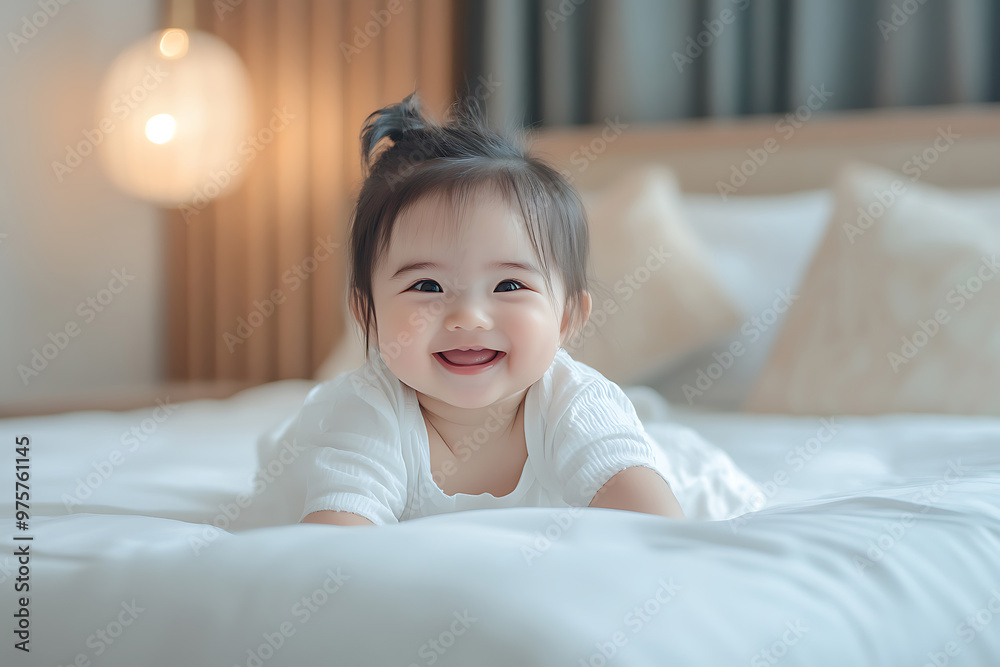 funny asian korean baby girl lying on bed at cozy home interior