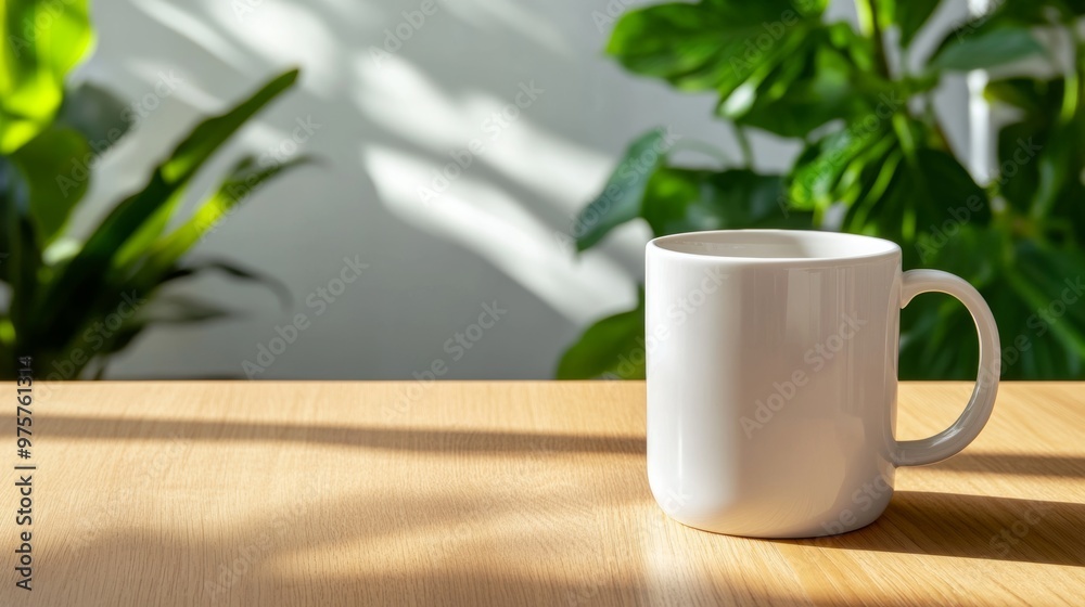 White Coffee Mug on Wooden Table with Sunlight and Green Plant Background