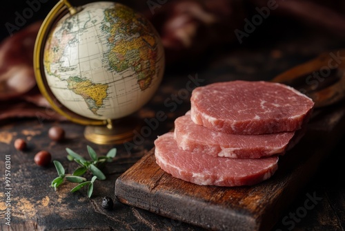 pork meat besides a miniature world globe. illustrating world pork supply , product, export, import, global pork meat supply , world supply  photo