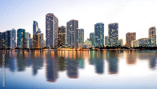 Skylines with Illuminated Buildings Reflecting in the Water, Set Against a White Background