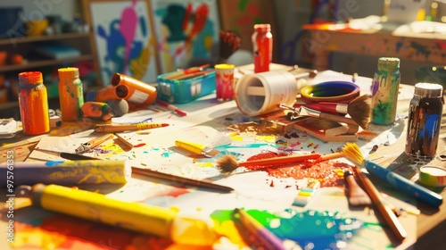 A messy table with many art supplies including paint, brushes, and pencils