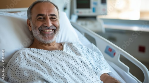 Middle Aged Arab Man Smiling in Hospital Bed, Representation of Diverse Medical Care Backgrounds, Vibrant Healthcare Environment