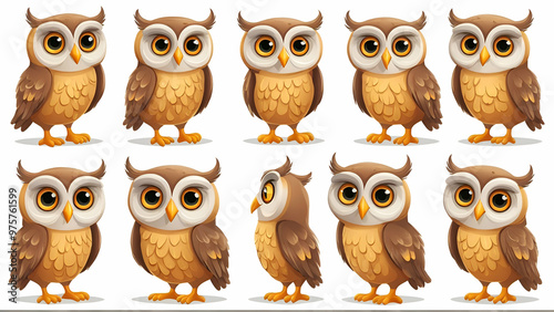 Cute cartoon owl character in multiple angles for kids' illustration and educational materials photo