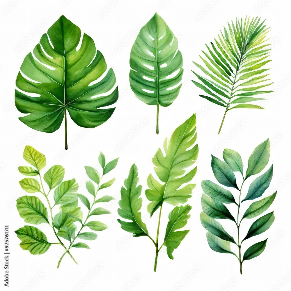set of watercolor tropical spring green leaves set of watercolor tropical spring green leaves