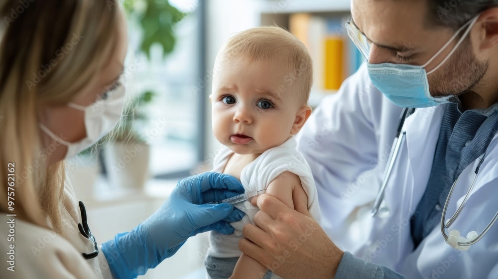 Parents take young child for vaccination at a pediatric clinic Parents take young child for vaccination at a pediatric clinic