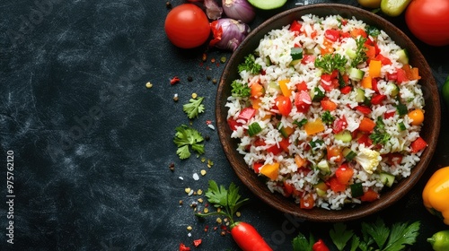 A colorful rice salad with fresh vegetables, arranged on a dark background with copy space, ideal for healthy eating photo