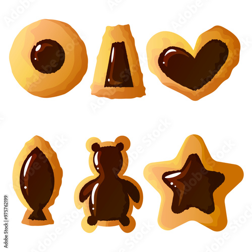 a set of delicious cookies with chocolate filling of different shapes