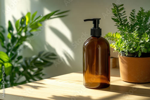 Amber bottle with a pump dispenser containing cosmetic product, on a table, with green plants and sunlight