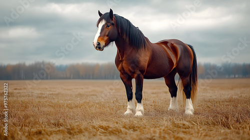 A powerful Clydesdale horse standing proudly in a wide, open field.