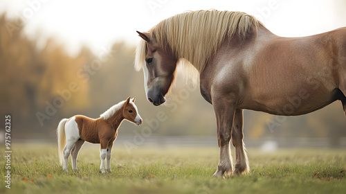 A miniature Falabella horse standing beside a large draft horse photo