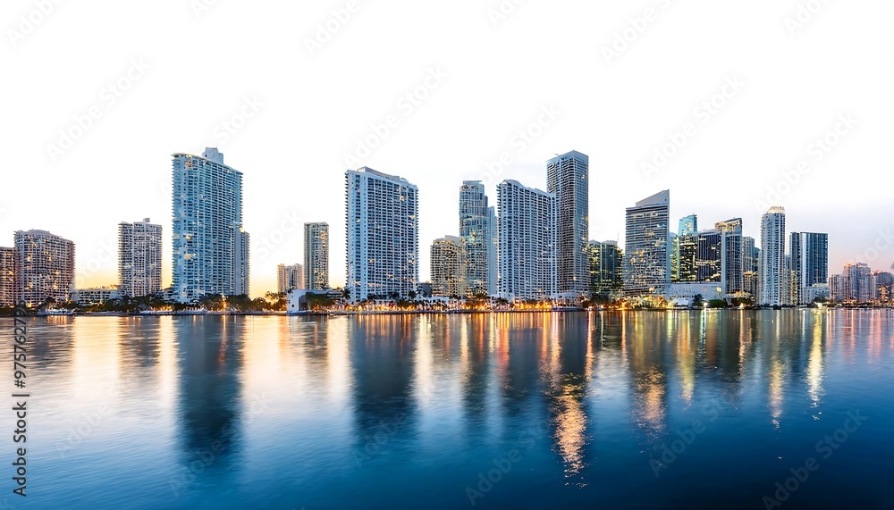 Fototapeta premium Skylines with Illuminated Buildings Reflecting in the Water, Set Against a White Background