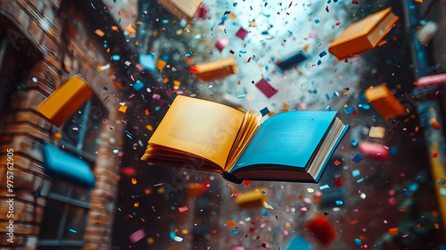 A book soars with confetti raining down.