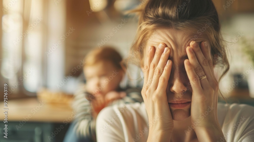 Fototapeta premium A woman is crying in a kitchen