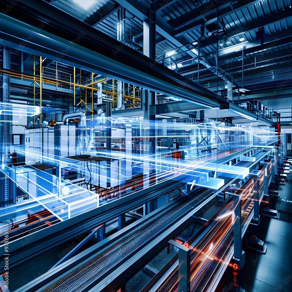 Obraz premium Cutting edge Smart Factory with Digital Twin Visualizing Efficient Production and Predictive Maintenance