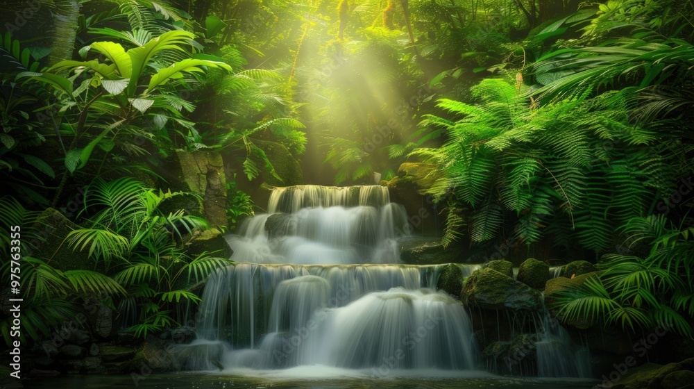 Serene Waterfall Cascading Through Lush Jungle Serene Waterfall Cascading Through Lush Jungle