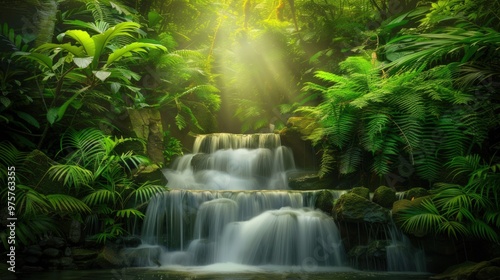 Serene Waterfall Cascading Through Lush Jungle