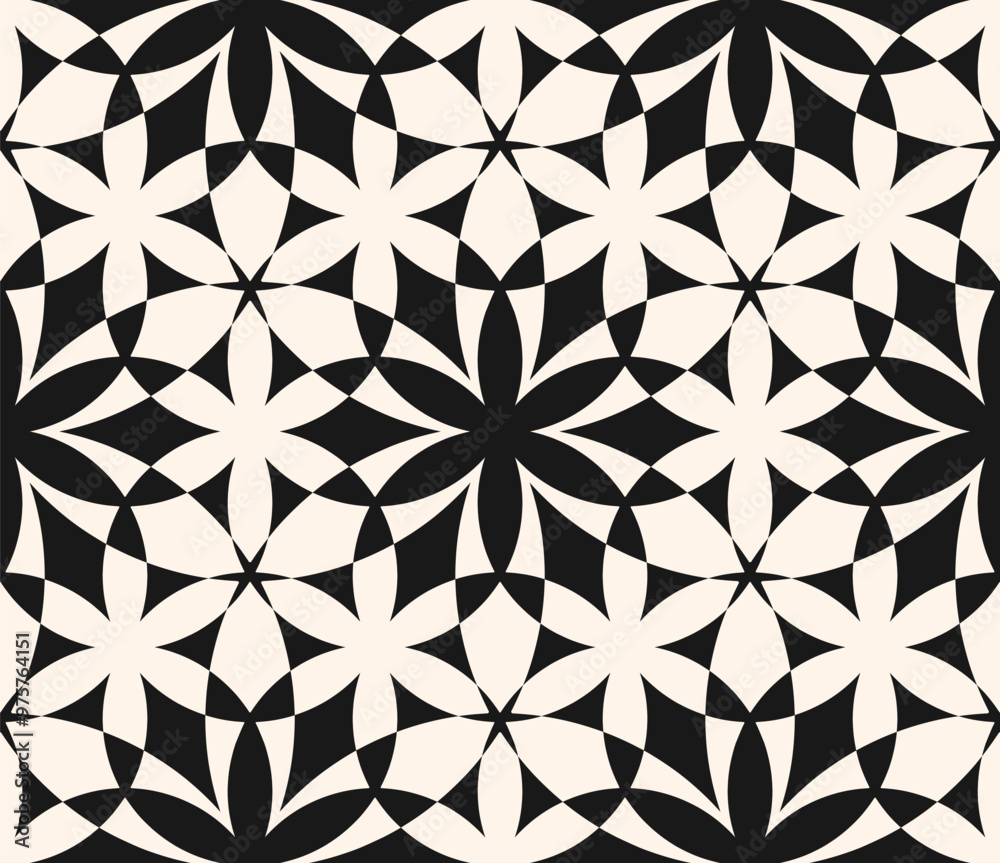 Vector black and white geometric seamless pattern. Abstract monochrome texture with flower silhouettes, mosaic. Elegant monochrome ornament background. Repeated geo design for decor, wrapping, fabric