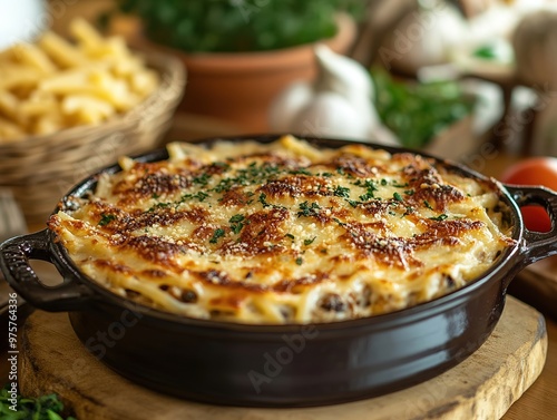 Delicious Tetrazzini Italian Dish Served on Elegant White Plate, Perfect for Gourmet Food Lovers and Italian Cuisine Enthusiasts. Authentic Italian Tetrazzini Recipe, Appetizing and Nutritious Meal. photo