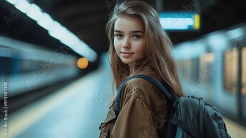 Young woman waiting at a busy subway station during evening hours