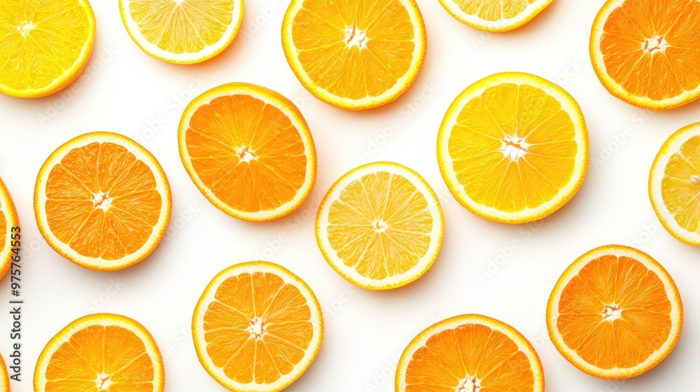 A vibrant assortment of fresh orange slices, arranged in a colorful top-down pattern on a white background, ideal for healthy eating