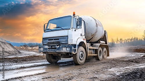 Concrete Mixer Truck Driving on a Muddy Road at Sunset photo