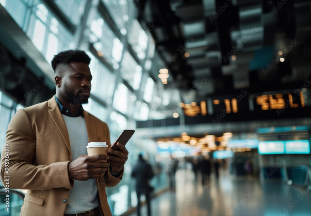 Professional man checking his phone while holding coffee indoors Professional man checking his phone while holding coffee indoors