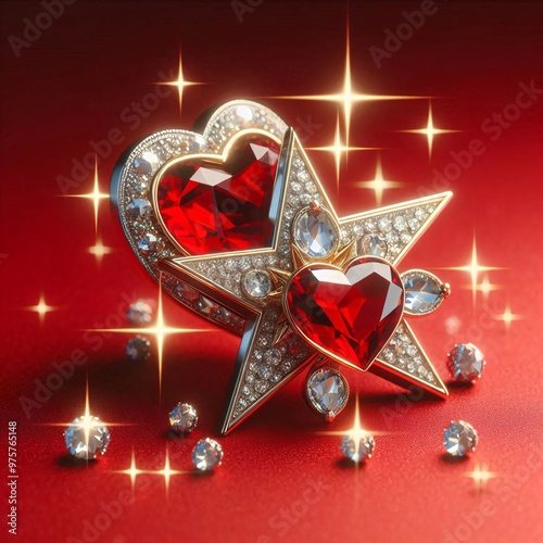 Luxury Red Gemstone Star and Heart Jewelry on Red Background and white - Elegant Valentine’s Day Design    photo