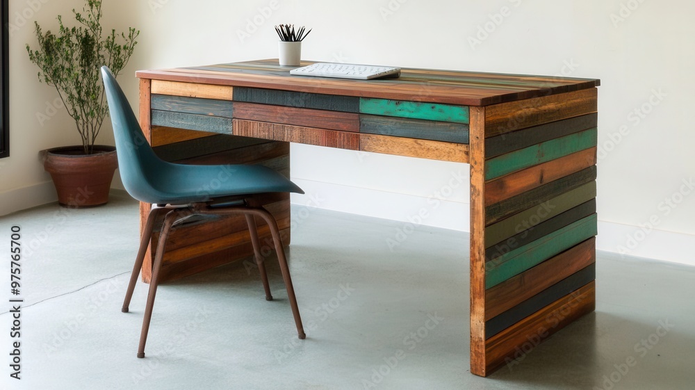 Stylish wooden desk with colorful panels and a modern chair, perfect for an artistic workspace or home office setup. Stylish wooden desk with colorful panels and a modern chair, perfect for an artistic workspace or home office setup.