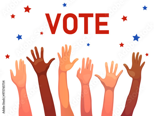 Hands of crowd in air in a vote event. Vote day. Hands calling to election voting.
