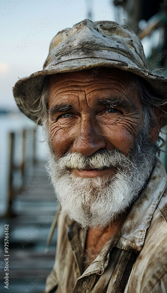Portrait of a seasoned smiled fisherman, with weathered skin, deep wrinkles, and a piercing gaze. He sports a white beard and a fishermans hat. Portrait of a seasoned smiled fisherman, with weathered skin, deep wrinkles, and a piercing gaze. He sports a white beard and a fishermans hat.