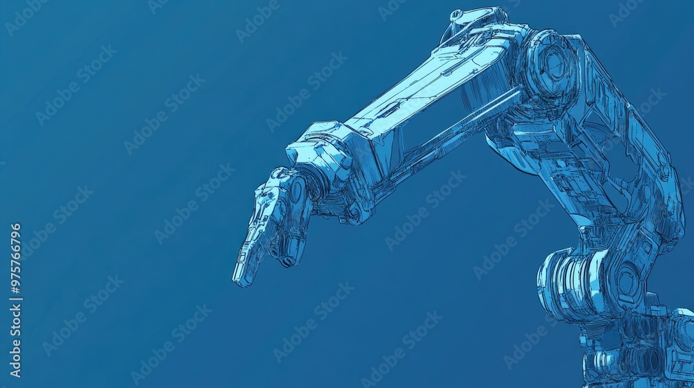 A robotic arm with a pointing finger, against a blue background. A robotic arm with a pointing finger, against a blue background.