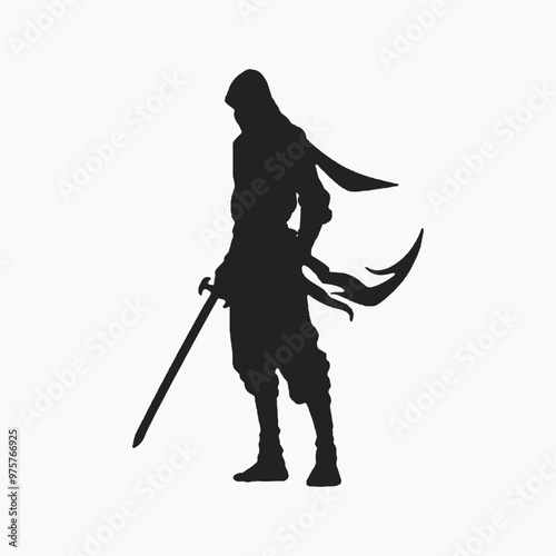 Silhouette warrior holding curved sword