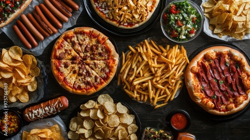 An indulgent spread of processed foods featuring pizza, hot dogs, crispy chips, and french fries, perfect for comfort food