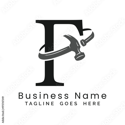 F Letter logo construction vector for woodworking company. Alphabet F hammer template illustration