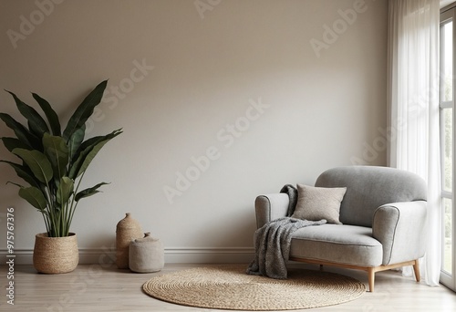 Grey snuggle chair against stucco wall. Boho home interior design of modern living room