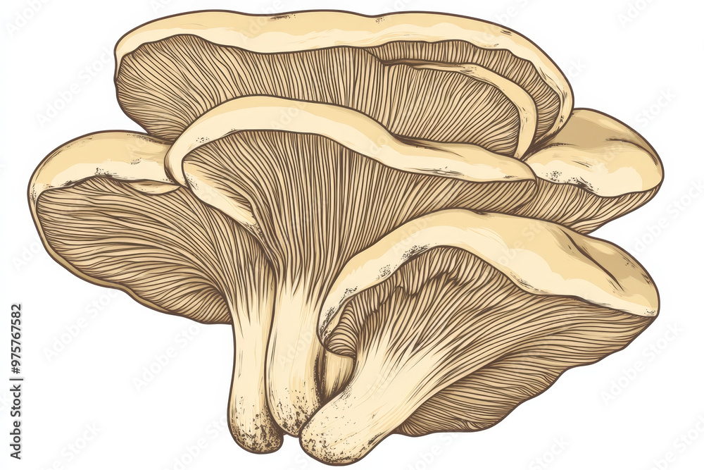 This illustration shows oyster mushrooms growing in a cluster This illustration shows oyster mushrooms growing in a cluster