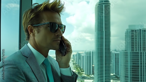 A business executive making a phone call while looking out a high-rise window 