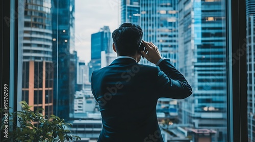 A business executive making a phone call while looking out a high-rise window 