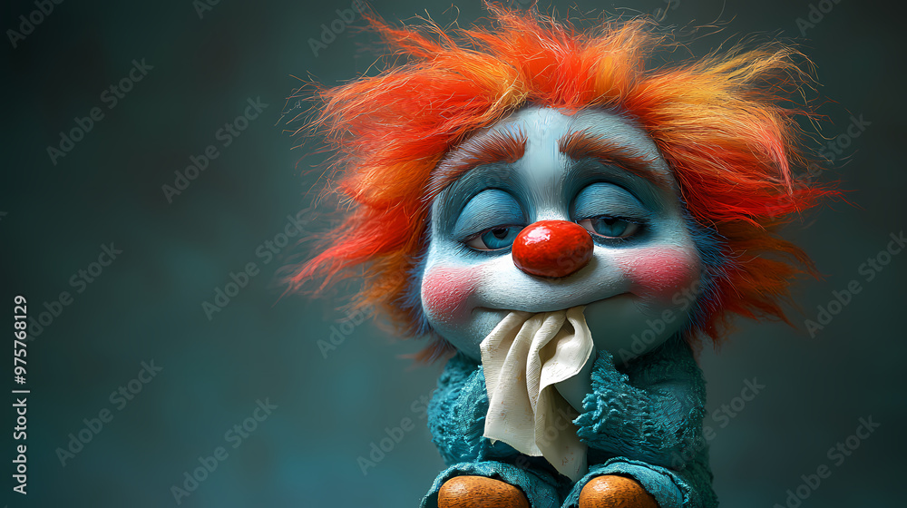Clown with red hair and blue eyes seated on a stool. Clown with red hair and blue eyes seated on a stool.